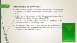 MENNINGER PSYCHOTHERAPY PROJECT
 Lester Luborsky devised a behavioral guide (Health-Sickness Rating
Scale [HSRS]) to assess psychological functioning on a scale of 0 to
100.
 In 1976 two of the architects of DSM-III developed a revision of the
HSRS called the Global Assessment Scale (GAS).
 A modified version of the GAS was introduced in DSM-III-R as the
Global Assessment of Functioning (GAF).
 On Luborsky's scale a score of 95 to 100 reflected “an ideal state of
complete functioning integration, of resiliency in the face of stress,
of happiness and social effectiveness.”
14
 