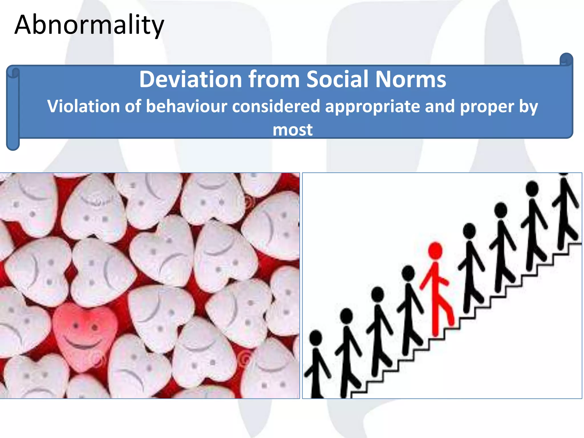 Abnormality
Deviation from Social Norms
Violation of behaviour considered appropriate and proper by
most
 