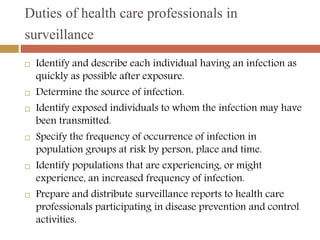 Duties of health care professionals in
surveillance
 Identify and describe each individual having an infection as
quickly...