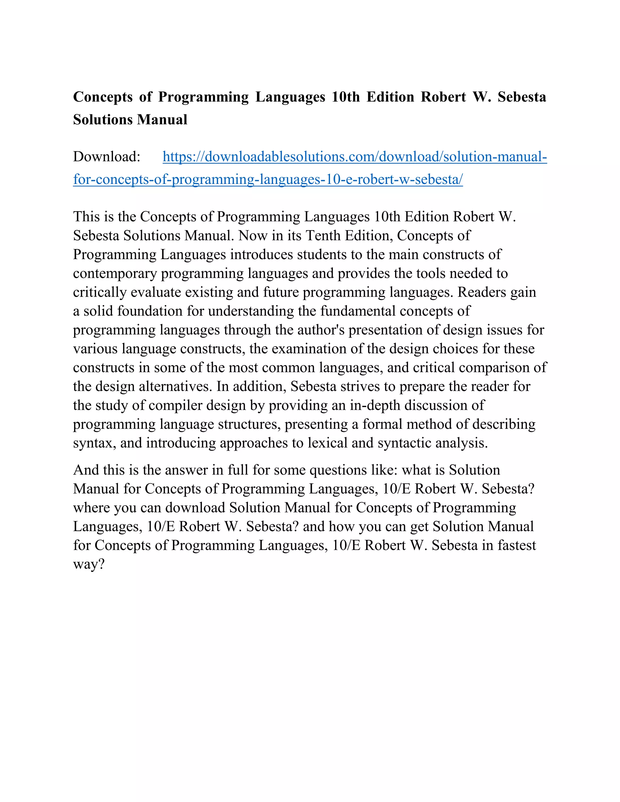 Concepts of Programming Languages 10th Edition Robert W. Sebesta ...