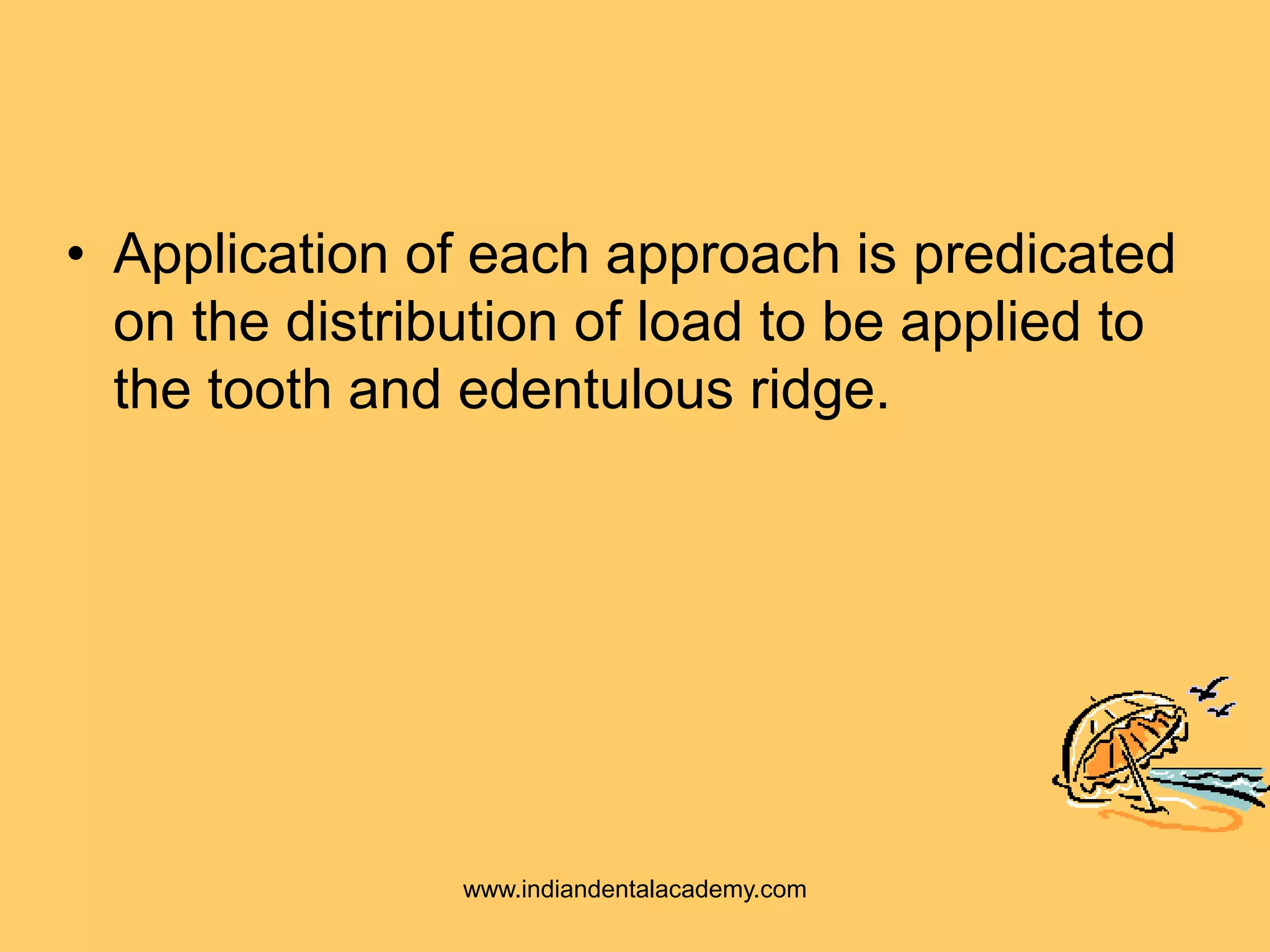 • Application of each approach is predicated
on the distribution of load to be applied to
the tooth and edentulous ridge.
www.indiandentalacademy.com
 