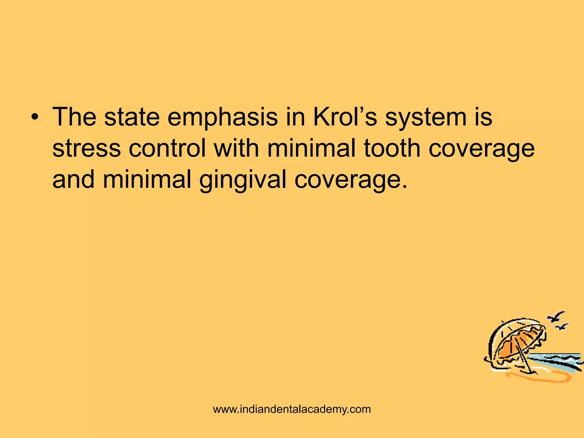 • The state emphasis in Krol’s system is
stress control with minimal tooth coverage
and minimal gingival coverage.
www.indiandentalacademy.com
 