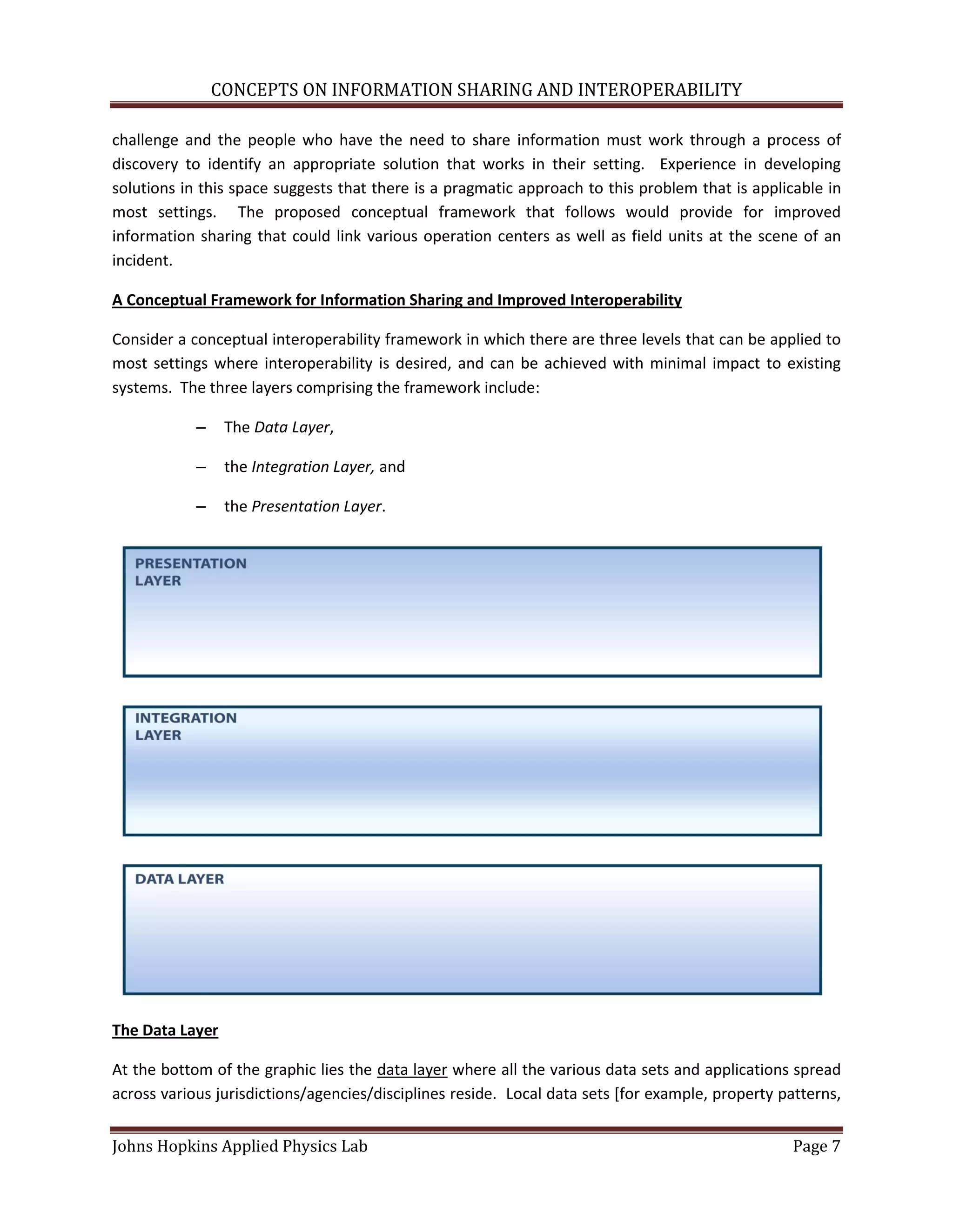 CONCEPTS ON INFORMATION SHARING AND INTEROPERABILITY

challenge and the people who have the need to share information must work through a process of
discovery to identify an appropriate solution that works in their setting. Experience in developing
solutions in this space suggests that there is a pragmatic approach to this problem that is applicable in
most settings. The proposed conceptual framework that follows would provide for improved
information sharing that could link various operation centers as well as field units at the scene of an
incident.

A Conceptual Framework for Information Sharing and Improved Interoperability

Consider a conceptual interoperability framework in which there are three levels that can be applied to
most settings where interoperability is desired, and can be achieved with minimal impact to existing
systems. The three layers comprising the framework include:

            –    The Data Layer,

            –    the Integration Layer, and

            –    the Presentation Layer.




The Data Layer

At the bottom of the graphic lies the data layer where all the various data sets and applications spread
across various jurisdictions/agencies/disciplines reside. Local data sets [for example, property patterns,


Johns Hopkins Applied Physics Lab                                                                 Page 7
 