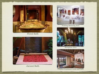Waiting/Relaxing Area



Floral Bath




                       Reception Area




Jacuzzi Bath
               Couples treatment room and bath
 