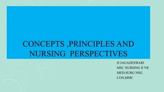 CONCEPTS ,PRINCIPLES AND
NURSING PERSPECTIVES
D JAGADESWARI
MSC NURSING II YR
MED-SURG NSG
CON,MMC
 
