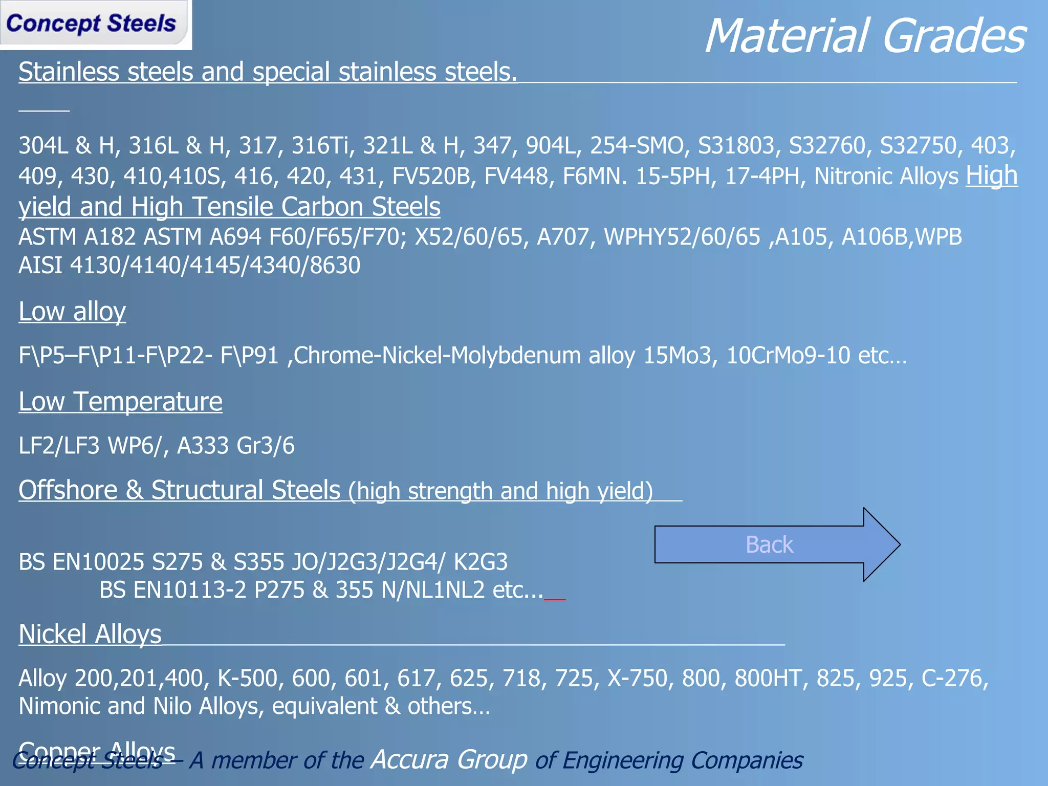 Stainless steels and special stainless steels.   304L & H, 316L & H, 317, 316Ti, 321L & H, 347, 904L, 254-SMO, S31803, S32760, S32750, 403, 409, 430, 410,410S, 416, 420, 431, FV520B, FV448, F6MN. 15-5PH, 17-4PH, Nitronic Alloys  High yield and High Tensile Carbon Steels ASTM A182 ASTM A694 F60/F65/F70; X52/60/65, A707, WPHY52/60/65 ,A105, A106B,WPB AISI 4130/4140/4145/4340/8630 Low alloy F\P5–F\P11-F\P22- F\P91 ,Chrome-Nickel-Molybdenum alloy 15Mo3, 10CrMo9-10 etc… Low Temperature LF2/LF3 WP6/, A333 Gr3/6 Offshore & Structural Steels  (high strength and high yield)  BS EN10025 S275 & S355 JO/J2G3/J2G4/ K2G3  BS EN10113-2 P275 & 355 N/NL1NL2 etc...   Nickel Alloys   Alloy 200,201,400, K-500, 600, 601, 617, 625, 718, 725, X-750, 800, 800HT, 825, 925, C-276, Nimonic and Nilo Alloys, equivalent & others… Copper Alloys CuNi 70/30 & 90/10 etc…  Material Grades  Concept Steels – A member of the  Accura Group  of Engineering Companies Back 