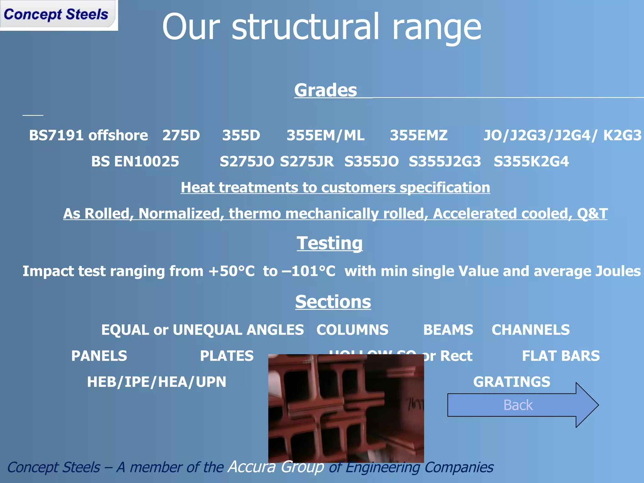   Grades  BS7191 offshore   275D 355D 355EM/ML  355EMZ  JO/J2G3/J2G4/ K2G3   BS EN10025  S275JO  S275JR  S355JO S355J2G3  S355K2G4 Heat treatments to customers specification As Rolled, Normalized, thermo mechanically rolled, Accelerated cooled, Q&T   Testing Impact test ranging from +50 °C  to –101 °C with min single Value and average Joules   Sections EQUAL or UNEQUAL ANGLES  COLUMNS BEAMS  CHANNELS PANELS PLATES HOLLOW SQ or Rect FLAT BARS HEB/IPE/HEA/UPN GRATINGS Our structural range Concept Steels – A member of the  Accura Group  of Engineering Companies Back 