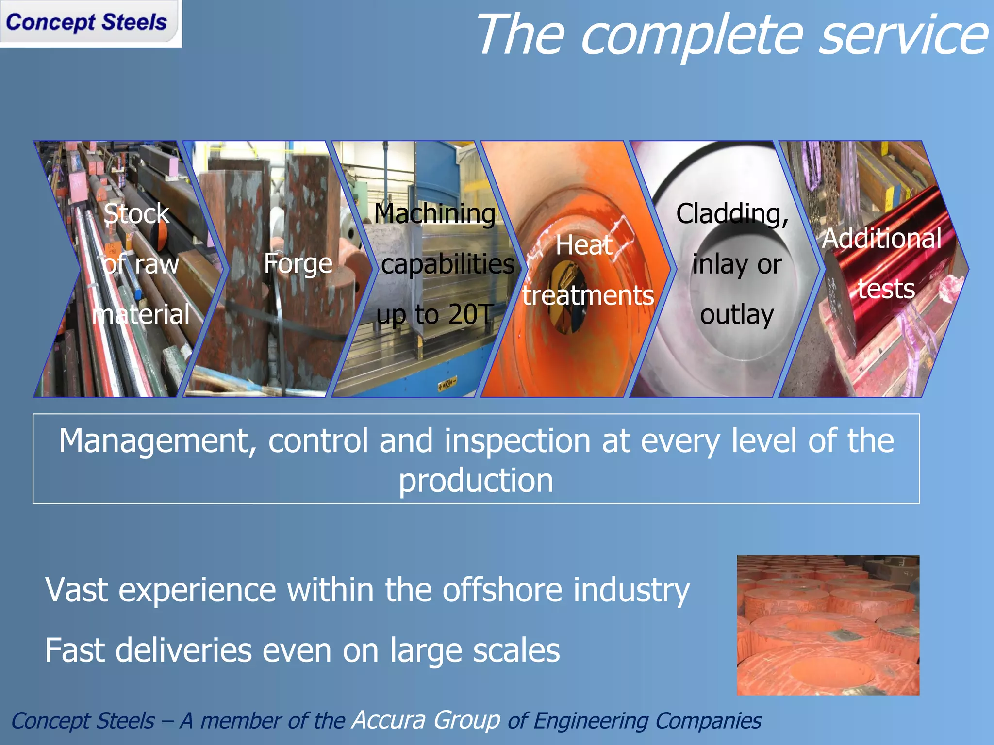 The complete service Concept Steels – A member of the  Accura Group  of Engineering Companies Stock  of raw material Forge Machining capabilities up to 20T Cladding, inlay or outlay Heat treatments Additional tests Management, control and inspection at every level of the production Vast experience within the offshore industry Fast deliveries even on large scales 