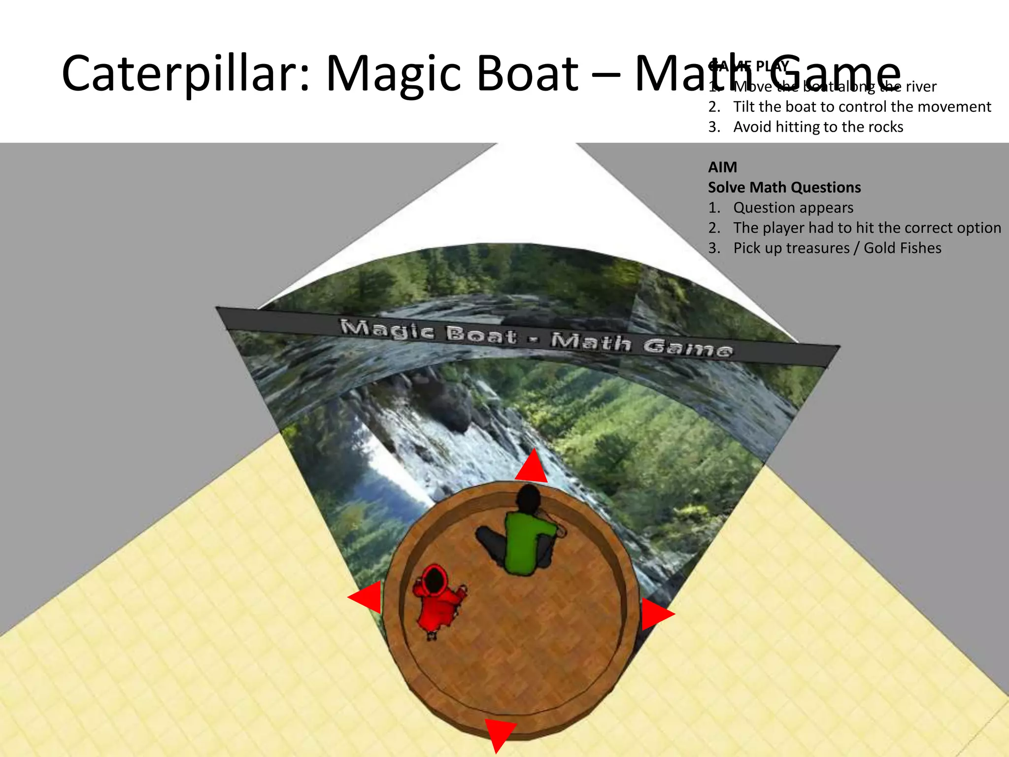 Caterpillar: Magic Boat – Math Game GAME PLAY 
1. Move the boat along the river 
2. Tilt the boat to control the movement 
3. Avoid hitting to the rocks 
AIM 
Solve Math Questions 
1. Question appears 
2. The player had to hit the correct option 
3. Pick up treasures / Gold Fishes 
 