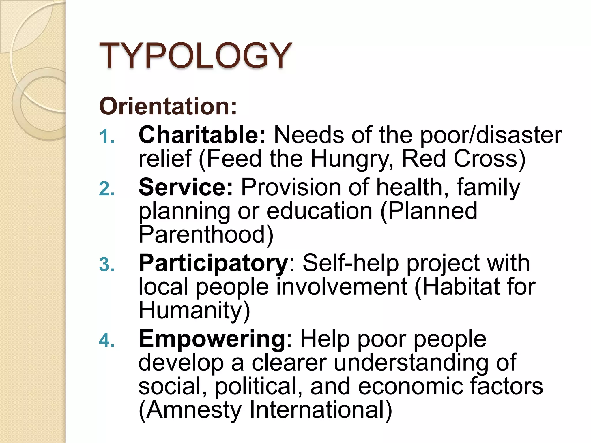 TYPOLOGY
Orientation:
1. Charitable: Needs of the poor/disaster
relief (Feed the Hungry, Red Cross)
2. Service: Provision of health, family
planning or education (Planned
Parenthood)
3. Participatory: Self-help project with
local people involvement (Habitat for
Humanity)
4. Empowering: Help poor people
develop a clearer understanding of
social, political, and economic factors
(Amnesty International)
 