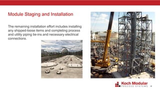 40
Module Staging and Installation
The remaining installation effort includes installing
any shipped-loose items and completing process
and utility piping tie-ins and necessary electrical
connections.
 
