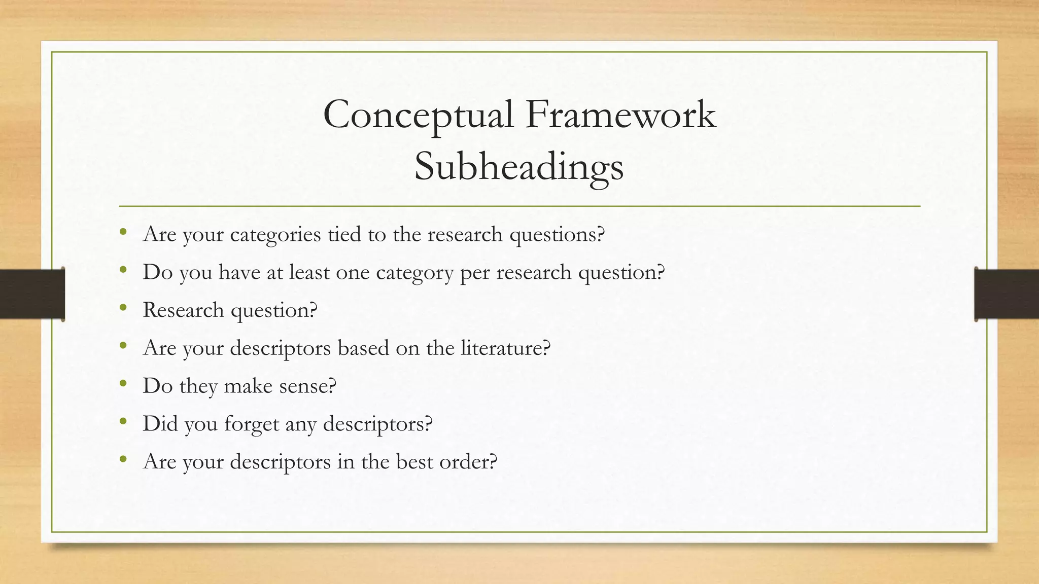 Conceptual Framework
Subheadings
• Are your categories tied to the research questions?
• Do you have at least one category per research question?
• Research question?
• Are your descriptors based on the literature?
• Do they make sense?
• Did you forget any descriptors?
• Are your descriptors in the best order?