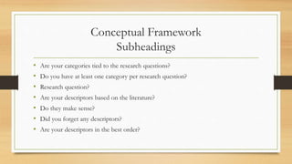 Conceptual Framework
Subheadings
• Are your categories tied to the research questions?
• Do you have at least one category per research question?
• Research question?
• Are your descriptors based on the literature?
• Do they make sense?
• Did you forget any descriptors?
• Are your descriptors in the best order?
 