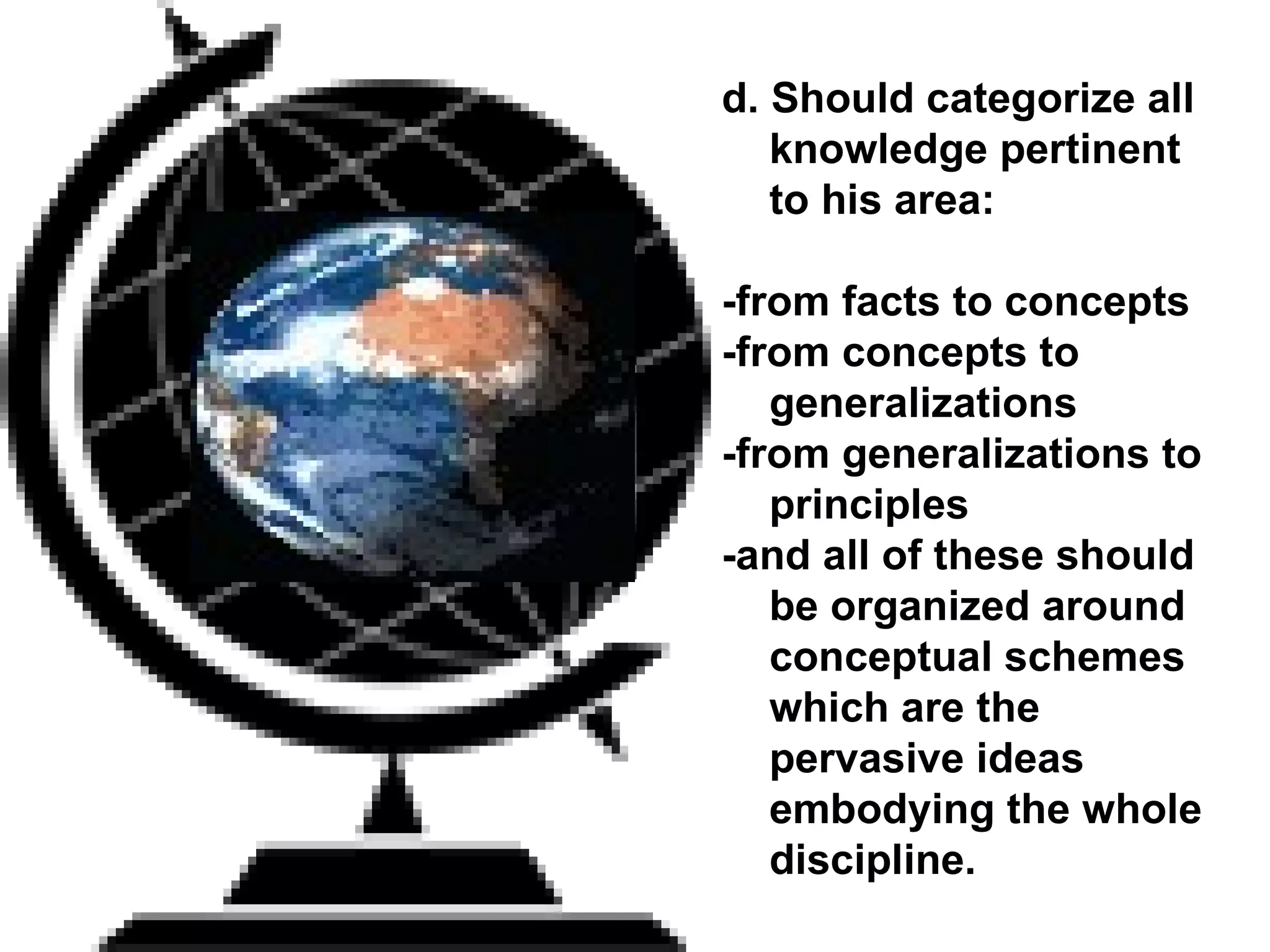 d. Should categorize all knowledge pertinent to his area:  -from facts to concepts  -from concepts to  generalizations  -from generalizations to principles -and all of these should be organized around conceptual schemes which are the pervasive ideas embodying the whole discipline. 