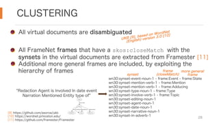 CLUSTERING
28
All virtual documents are disambiguated
All FrameNet frames that have a skos:closeMatch with the
synsets in the virtual documents are extracted from Framester [11]
Additional more general frames are included, by exploiting the
hierarchy of frames
UKB [9], based on WordNet
(English) version 3.0 [10]
wn30:synset-event-noun-1 - frame:Event - frame:State
wn30:synset-mention-verb-1 - frame:Mention
wn30:synset-mention-verb-1 - frame:Adducing
wn30:synset-type-noun-1 - frame:Type
wn30:synset-involve-verb-1 - frame:Topic
wn30:synset-editing-noun-1
wn30:synset-agent-noun-1
wn30:synset-date-noun-1
wn30:synset-narrative-noun-1
wn30:synset-in-adverb-1
[9] https://github.com/asoroa/ukb
[10] https://wordnet.princeton.edu/
[11] https://github.com/framester/Framester
synset
Agent
Event
isInvolvedIn
DateEntity
date
string
eventNarration typeOfEvent
Redaction
isMentionedIn
frame
(closeMatch)
more general
frame
Redaction Agent is Involved In date event
Narration Mentioned Entity type of
 