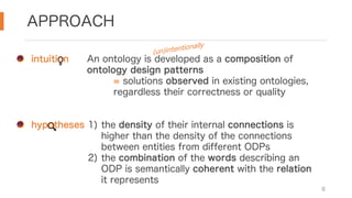APPROACH
8
An ontology is developed as a composition of
ontology design patterns
= solutions observed in existing ontologies,
regardless their correctness or quality
intuition
1) the density of their internal connections is
higher than the density of the connections
between entities from different ODPs
2) the combination of the words describing an
ODP is semantically coherent with the relation
it represents
hypotheses
(un)intentionally
 