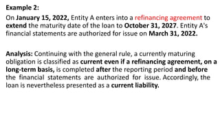 Example 2:
On January 15, 2022, Entity A enters into a refinancing agreement to
extend the maturity date of the loan to October 31, 2027. Entity A's
financial statements are authorized for issue on March 31, 2022.
Analysis: Continuing with the general rule, a currently maturing
obligation is classified as current even if a refinancing agreement, on a
long-term basis, is completed after the reporting period and before
the financial statements are authorized for issue. Accordingly, the
loan is nevertheless presented as a current liability.
 