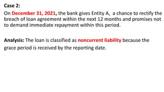 Case 2:
On December 31, 2021, the bank gives Entity A, a chance to rectify the
breach of loan agreement within the next 12 months and promises not
to demand immediate repayment within this period.
Analysis: The loan is classified as noncurrent liability because the
grace period is received by the reporting date.
 