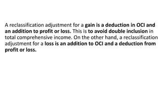A reclassification adjustment for a gain is a deduction in OCI and
an addition to profit or loss. This is to avoid double inclusion in
total comprehensive income. On the other hand, a reclassification
adjustment for a loss is an addition to OCI and a deduction from
profit or loss.
 