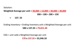 Solution:
Weighted Average per unit = 30,000 + 13,000 + 30,000 + 30,000
300 + 100 + 200 + 150
= 137. 33
Ending Inventory = Ending Inventory unit x Weighted Average per unit
580 x 137.33 = 79,651.40
CGS = unit sold x Weighted Average per unit
170 x 137.33 = 23,346.10
 