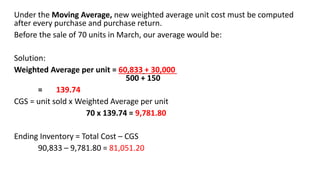 Under the Moving Average, new weighted average unit cost must be computed
after every purchase and purchase return.
Before the sale of 70 units in March, our average would be:
Solution:
Weighted Average per unit = 60,833 + 30,000
500 + 150
= 139.74
CGS = unit sold x Weighted Average per unit
70 x 139.74 = 9,781.80
Ending Inventory = Total Cost – CGS
90,833 – 9,781.80 = 81,051.20
 