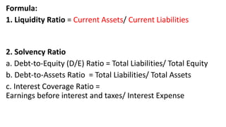 Formula:
1. Liquidity Ratio = Current Assets/ Current Liabilities
2. Solvency Ratio
a. Debt-to-Equity (D/E) Ratio = Total Liabilities/ Total Equity
b. Debt-to-Assets Ratio = Total Liabilities/ Total Assets
c. Interest Coverage Ratio =
Earnings before interest and taxes/ Interest Expense
 