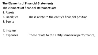 The Elements of Financial Statements
The elements of financial statements are:
1. Assets
2. Liabilities These relate to the entity's financial position.
3. Equity
4. Income
5. Expenses These relate to the entity's financial performance,
 