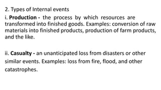 2. Types of Internal events
i. Production - the process by which resources are
transformed into finished goods. Examples: conversion of raw
materials into finished products, production of farm products,
and the like.
ii. Casualty - an unanticipated loss from disasters or other
similar events. Examples: loss from fire, flood, and other
catastrophes.
 