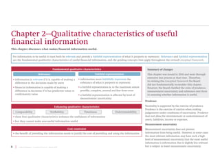 6 | Project Summary | Conceptual Framework | March 2018
Chapter 2—Qualitative characteristics of useful
financial information
This chapter discusses what makes financial information useful.
Prudence
Neutrality is supported by the exercise of prudence.
Prudence is the exercise of caution when making
judgements under conditions of uncertainty. Prudence
does not allow for overstatement or understatement of
assets, liabilities, income or expenses.
Measurement uncertainty
Measurement uncertainty does not prevent
information from being useful. However, in some cases
the most relevant information may have such a high
level of measurement uncertainty that the most useful
information is information that is slightly less relevant
but is subject to lower measurement uncertainty.
Fundamental qualitative characteristics
Relevance
• information is relevant if it is capable of making a
difference to the decisions made by users
• financial information is capable of making a
difference in decisions if it has predictive value or
confirmatory value
Faithful representation
• information must faithfully represent the
substance of what it purports to represent
• a faithful representation is, to the maximum extent
possible, complete, neutral and free from error
• a faithful representation is affected by level of
measurement uncertainty
Enhancing qualitative characteristics
Comparability Verifiability Timeliness Understandability
• these four qualitative characteristics enhance the usefulness of information
• but they cannot make non-useful information useful
Cost constraint
• the benefit of providing the information needs to justify the cost of providing and using the information
Summary of changes
This chapter was issued in 2010 and went through
extensive due process at that time. Therefore,
in revising the Conceptual Framework the Board
did not fundamentally reconsider this chapter.
However, the Board clarified the roles of prudence,
measurement uncertainty and substance over form
in assessing whether information is useful.
For information to be useful it must both be relevant and provide a faithful representation of what it purports to represent. Relevance and faithful representation
are the fundamental qualitative characteristics of useful financial information, and the guiding concepts that apply throughout the revised Conceptual Framework.
 