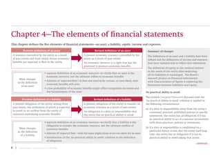 8 | Project Summary | Conceptual Framework | March 2018
Chapter 4—The elements of financial statements
continued ...
This chapter defines the five elements of financial statements—an asset, a liability, equity, income and expenses.
Previous definition of an asset
A resource controlled by the entity as a result
of past events and from which future economic
benefits are expected to flow to the entity
Revised definition of an asset
A present economic resource controlled by the
entity as a result of past events
An economic resource is a right that has the
potential to produce economic benefits
Previous definition of a liability
A present obligation of the entity arising from
past events, the settlement of which is expected
to result in an outflow from the entity of
resources embodying economic benefits
Revised definition of a liability
A present obligation of the entity to transfer an
economic resource as a result of past events
An obligation is a duty or responsibility that
the entity has no practical ability to avoid
Main changes
in the definition
of an asset
• separate definition of an economic resource—to clarify that an asset is the
economic resource, not the ultimate inflow of economic benefits
• deletion of ‘expected flow’—it does not need to be certain, or even likely, that
economic benefits will arise
• a low probability of economic benefits might affect recognition decisions and
the measurement of the asset
Main changes
in the definition
of a liability
• separate definition of an economic resource—to clarify that a liability is the
obligation to transfer the economic resource, not the ultimate outflow of
economic benefits
• deletion of ‘expected flow’—with the same implications as set out above for an asset
• introduction of the ‘no practical ability to avoid’ criterion to the definition
of obligation
No practical ability to avoid
The revised Conceptual Framework discusses how the
‘no practical ability to avoid’ criterion is applied in
the following circumstances:
(a) if a duty or responsibility arises from the entity’s
customary practices, published policies or specific
statements—the entity has an obligation if it has
no practical ability to act in a manner inconsistent
with those practices, policies or statements.
(b) if a duty or responsibility is conditional on a
particular future action that the entity itself may
take—the entity has an obligation if it has no
practical ability to avoid taking that action.
Summary of changes
The definitions of an asset and a liability have been
refined and the definitions of income and expenses
have been updated only to reflect that refinement.
The definition of equity as the residual interest
in the assets of the entity after deducting
all its liabilities is unchanged. The Board’s
research project on Financial Instruments
with Characteristics of Equity is exploring the
distinction between liabilities and equity.
 