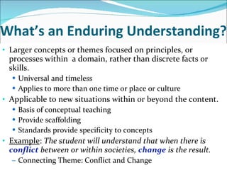 What’s an Enduring Understanding? Larger concepts or themes focused on principles, or processes within  a domain, rather than discrete facts or skills. Universal and timeless Applies to more than one time or place or culture  Applicable to new situations within or beyond the content. Basis of conceptual teaching Provide scaffolding  Standards provide specificity to concepts Example :  The student will understand that when there is  conflict  between or within societies,  change  is the result. Connecting Theme: Conflict and Change 