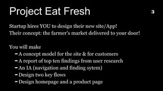 Project Eat Fresh
Startup hires YOU to design their new site/App!
Their concept: the farmer’s market delivered to your door!
You will make
– A concept model for the site & for customers
– A report of top ten findings from user research
– An IA (navigation and finding sytem)
– Design two key flows
– Design homepage and a product page
3
 