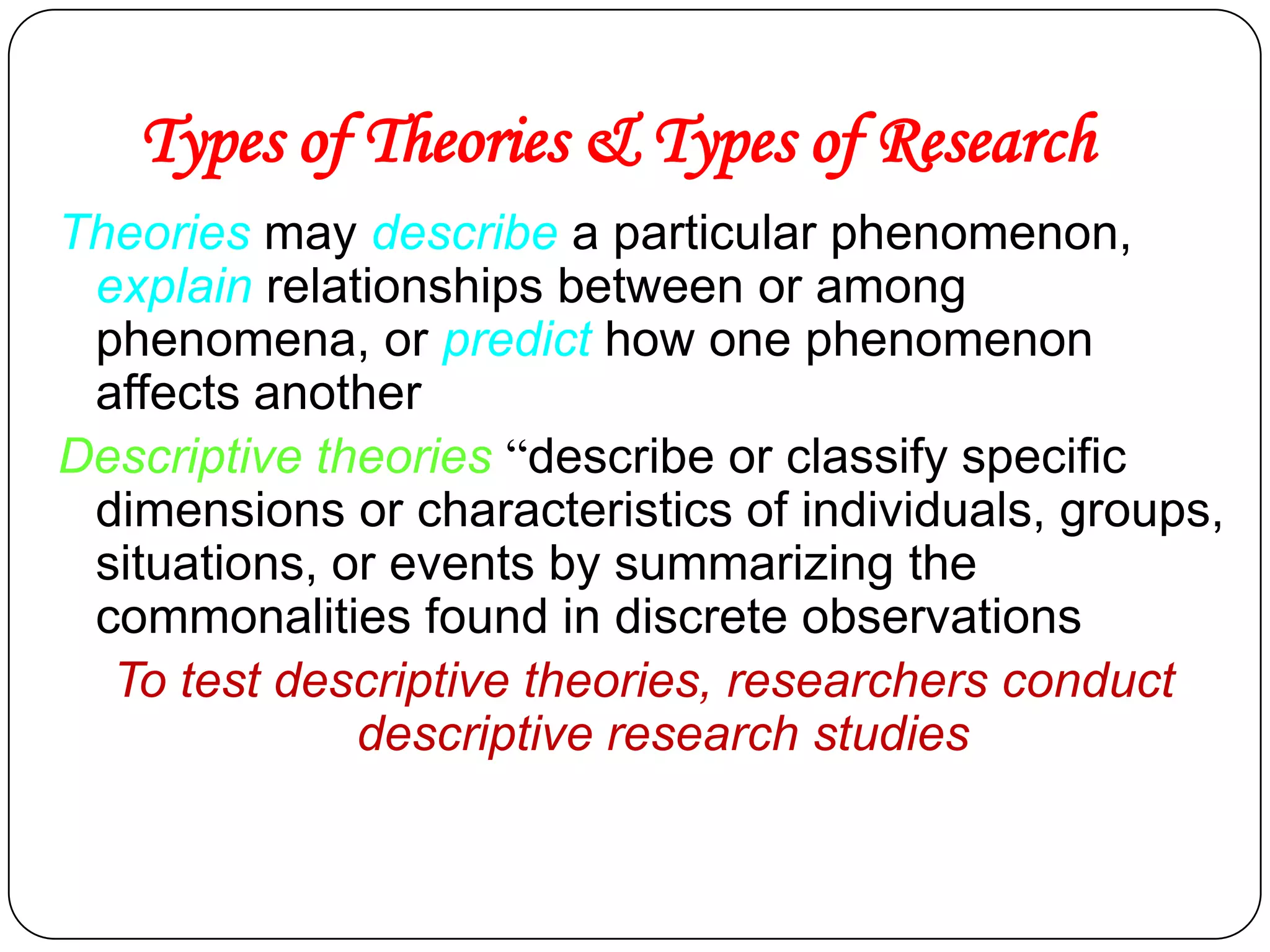 Types of Theories & Types of Research
Theories may describe a particular phenomenon,
explain relationships between or among
phenomena, or predict how one phenomenon
affects another
Descriptive theories “describe or classify specific
dimensions or characteristics of individuals, groups,
situations, or events by summarizing the
commonalities found in discrete observations
To test descriptive theories, researchers conduct
descriptive research studies

 
