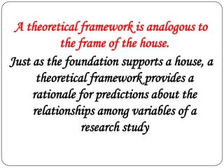A theoretical framework is analogous to
the frame of the house.
Just as the foundation supports a house, a
theoretical framework provides a
rationale for predictions about the
relationships among variables of a
research study

 