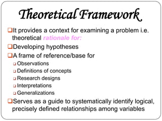 Theoretical Framework
It provides a context for examining a problem i.e.
theoretical rationale for:
Developing hypotheses
A frame of reference/base for
 Observations
 Definitions

of concepts
 Research designs
 Interpretations
 Generalizations

Serves as a guide to systematically identify logical,
precisely defined relationships among variables

 