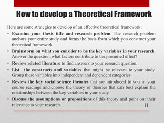 How to develop a Theoretical Framework
Here are some strategies to develop of an effective theoretical framework:
• Examine your thesis title and research problem. The research problem
anchors your entire study and forms the basis from which you construct your
theoretical framework.
• Brainstorm on what you consider to be the key variables in your research.
Answer the question, what factors contribute to the presumed effect?
• Review related literature to find answers to your research question.
• List the constructs and variables that might be relevant to your study.
Group these variables into independent and dependent categories.
• Review the key social science theories that are introduced to you in your
course readings and choose the theory or theories that can best explain the
relationships between the key variables in your study.
• Discuss the assumptions or propositions of this theory and point out their
relevance to your research. 11
 