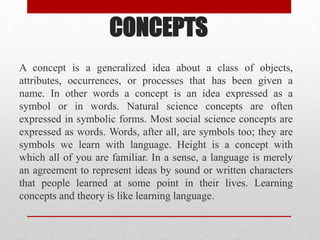 CONCEPTS
A concept is a generalized idea about a class of objects,
attributes, occurrences, or processes that has been given a
name. In other words a concept is an idea expressed as a
symbol or in words. Natural science concepts are often
expressed in symbolic forms. Most social science concepts are
expressed as words. Words, after all, are symbols too; they are
symbols we learn with language. Height is a concept with
which all of you are familiar. In a sense, a language is merely
an agreement to represent ideas by sound or written characters
that people learned at some point in their lives. Learning
concepts and theory is like learning language.
 