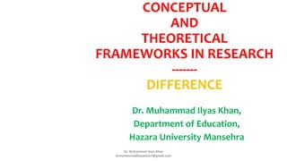 CONCEPTUAL
AND
THEORETICAL
FRAMEWORKS IN RESEARCH
-------
DIFFERENCE
Dr. Muhammad Ilyas Khan,
Department of Education,
Hazara University Mansehra
Dr. Muhammad Ilyas Khan
drmuhammadilyaskhan7@gmail.com
 