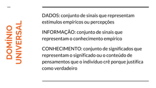 DOMÍNIO
UNIVERSAL
DADOS: conjunto de sinais que representam
estímulos empíricos ou percepções
INFORMAÇÃO: conjunto de sinais que
representam o conhecimento empírico
CONHECIMENTO: conjunto de significados que
representam o significado ou o conteúdo de
pensamentos que o indivíduo crê porque justifica
como verdadeiro
 