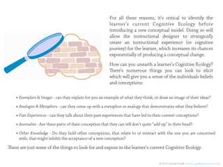For all these reasons, it’s critical to identify the
                                                           learner’s current Cognitive Ecology before
                                                           introducing a new conceptual model. Doing so will
                                                           allow the instructional designer to strategically
                                                           create an instructional experience (or cognitive
                                                           journey) for the learner, which increases its chances
                                                           exponentially of producing a conceptual change.
                                                           How can you unearth a learner’s Cognitive Ecology?
                                                           ere’s numerous things you can look to elicit
                                                           which will give you a sense of the individuals beliefs
                                                           and conceptions:

    • Exemplars & Images - can they explain for you an example of what they think, or draw an image of their ideas?
    • Analogies & Metaphors - can they come up with a metaphor or analogy that demonstrates what they believe?
    • Past Experiences - can they talk about their past experiences that have led to their current conceptions?
    • Anomalies - Are there parts of their conception that they can tell don’t quite “add up” in their head?
    • Other Knowledge - Do they hold other conceptions, that relate to or interact with the one you are concerned
     with, that might inhibit the acceptance of a new conception?

ese are just some of the things to look for and expose in the learner’s current Cognitive Ecology.


                                                                                        © 2012 Jennifer Groﬀ jennifer_groﬀ@mail.harvard.edu
 