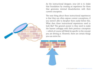 As the instructional designer, your job is to shake
that foundation by creating an experience for them
that generates internal dissatisfaction with their
current conception.
e neat thing about these instructional experiences
is that they can often expose current conceptions, if
you weren’t able to decipher them easily before this.
What does these instructional experiences need to
look like? e general answer is they need to make
the learner unhappy with their previous conception
—which of course will likely be specific to the concept
you are driving at. However, there are certain things
you can strive for.




                         © 2012 Jennifer Groﬀ jennifer_groﬀ@mail.harvard.edu
 