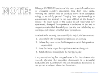 NOTE:   Although ANOMALIES are one of the most powerful mechanisms
        for leveraging cognitive dissonance, they don’t come easily.
        Providing the learner with an anomaly leaves their conceptual
        ecology on very shaky ground. Changing their cognitive ecology to
        accommodate the anomaly is the most diﬃcult of the learner’s
        options—it’s much easier for the learner to just reject what they
        experienced, disregard the experience as irrelevant, or just try to
        compartmentalize their knowledge so that the new beliefs they are
        forming do not interact with their prior conceptions.

        In order for the anomaly to successfully do its job, the learner must:
         1. understand why the experience produced an anomaly
         2. believe they must reconcile this experience with their previous
               conceptions
         3. have the desire to put the cognitive work into doing this
         4. fail at attempts to assimilate the new knowledge

        It may seem daunting, but the good news is that there is extensive
        research showing the cognitive dissonance is a powerful
        mechanism, and many learners will seek to reconcile disconnects in
        conceptions in order to relieve this dissonance.


                                                  © 2012 Jennifer Groﬀ jennifer_groﬀ@mail.harvard.edu
 