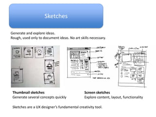 Sketches
Generate and explore ideas.
Rough, used only to document ideas. No art skills necessary.
Thumbnail sketches
Generate several concepts quickly
Screen sketches
Explore content, layout, functionality
Sketches are a UX designer’s fundamental creativity tool.
 