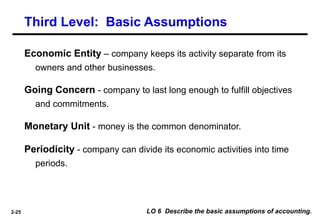 2-25
Economic Entity – company keeps its activity separate from its
owners and other businesses.
Going Concern - company to last long enough to fulfill objectives
and commitments.
Monetary Unit - money is the common denominator.
Periodicity - company can divide its economic activities into time
periods.
LO 6 Describe the basic assumptions of accounting.
Third Level: Basic Assumptions
 