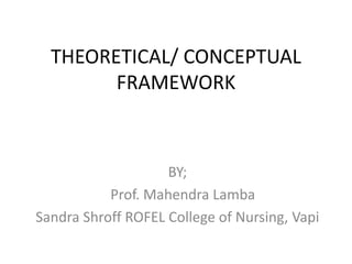 THEORETICAL/ CONCEPTUAL
FRAMEWORK
BY;
Prof. Mahendra Lamba
Sandra Shroff ROFEL College of Nursing, Vapi
 