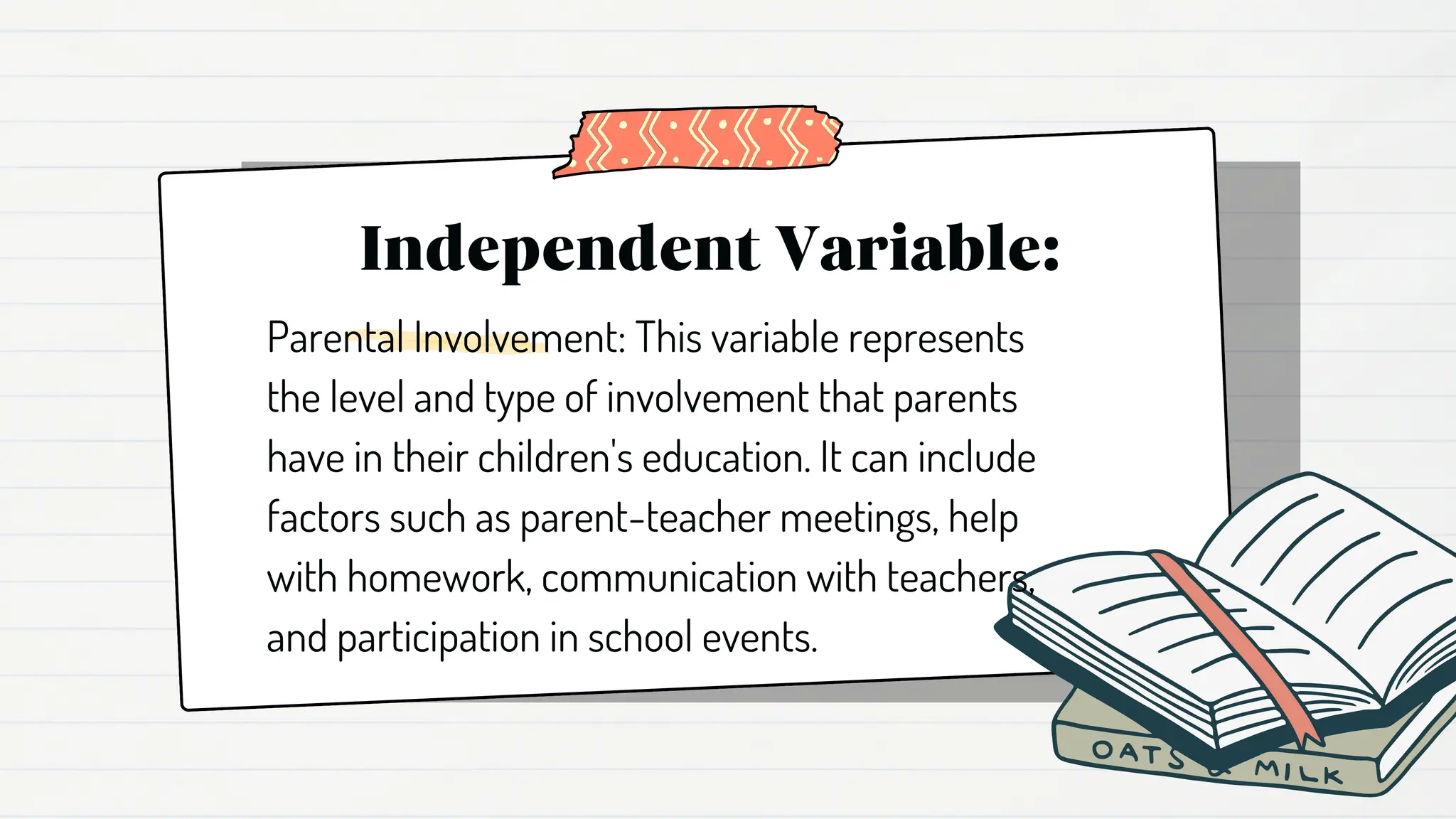 Independent Variable:
Parental Involvement: This variable represents
the level and type of involvement that parents
have in their children's education. It can include
factors such as parent-teacher meetings, help
with homework, communication with teachers,
and participation in school events.
 