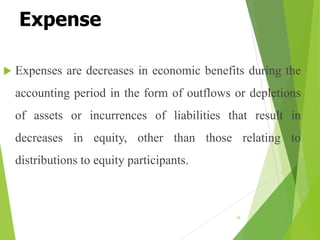 Expense
 Expenses are decreases in economic benefits during the
accounting period in the form of outflows or depletions
of assets or incurrences of liabilities that result in
decreases in equity, other than those relating to
distributions to equity participants.
19
 