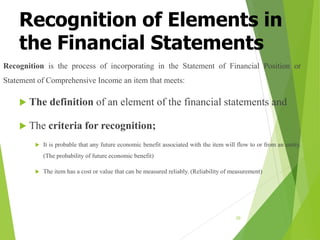 Recognition of Elements in
the Financial Statements
Recognition is the process of incorporating in the Statement of Financial Position or
Statement of Comprehensive Income an item that meets:
 The definition of an element of the financial statements and
 The criteria for recognition;
 It is probable that any future economic benefit associated with the item will flow to or from an entity.
(The probability of future economic benefit)
 The item has a cost or value that can be measured reliably. (Reliability of measurement)
20
 