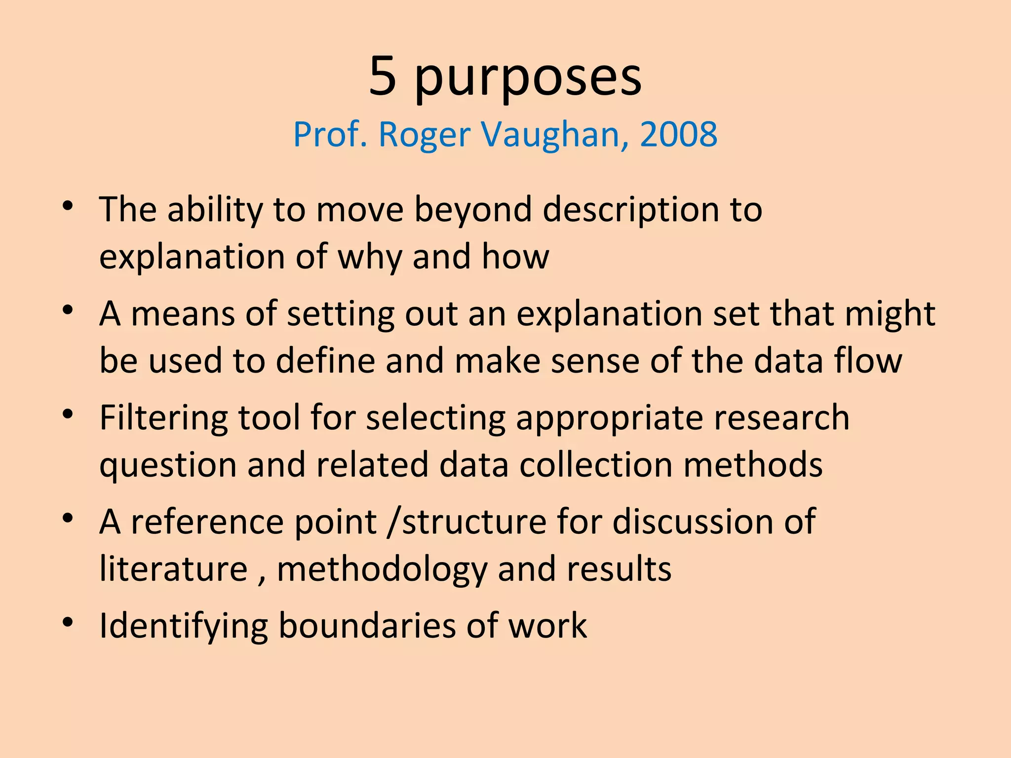 5 purposes
Prof. Roger Vaughan, 2008
• The ability to move beyond description to
explanation of why and how
• A means of setting out an explanation set that might
be used to define and make sense of the data flow
• Filtering tool for selecting appropriate research
question and related data collection methods
• A reference point /structure for discussion of
literature , methodology and results
• Identifying boundaries of work
 