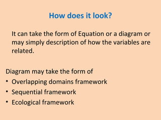 How does it look?
It can take the form of Equation or a diagram or
may simply description of how the variables are
related.
Diagram may take the form of
• Overlapping domains framework
• Sequential framework
• Ecological framework
 